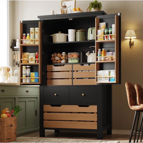 Buffet de cuisine 80x40x140 cm noir en MDF et métal avec 2 portes, 5 tiroirs et anti-basculement (1/5)