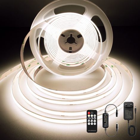 COB-LED-Streifen, 5 m, 480 LEDs/m, 4000 K, dimmbar (Fernbedienung und Netzteil im Lieferumfang enthalten), 24 V DC, Farbwiedergabeindex (CRI) 92, 8 mm breit, neutralweißes Licht, ideal für die Innene (1/4)