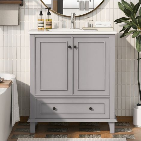Meuble sous-vasque 76x46x87 cm avec vasque céramique intégrée, MDF, gris, 2 colis (1/5)