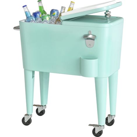 Chariot réfrigéré pour boissons de 56 L avec roulettes, ouvre-bouteille, porte-bouteilles et poignée pour terrasse, 75 x 35 x 78 cm, vert clair (1/5)