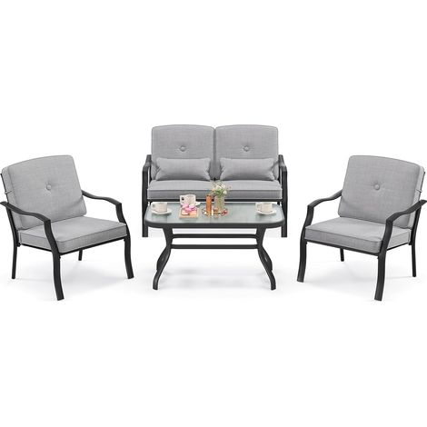 COSTWAY Salon de Jardin 4 Pièces avec Table Basse en Verre Trempé et Coussins Charge 300KG, Ensemble de Canapés de Terrasse avec Cadre Métallique 4 Places, pour Patio Balcon Terrasse (1/5)