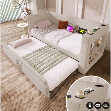 Canapé convertible 90x200 avec lit gigogne beige HAVRYA (1/5)
