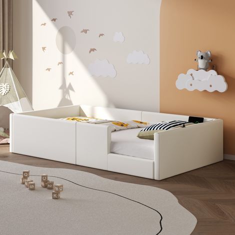 Lit enfant simple 90x200 cm, lit plateforme rembourré blanc avec barrière de sécurité et station de recharge, lit pour chambre d’enfant (sans Matelas) (1/5)