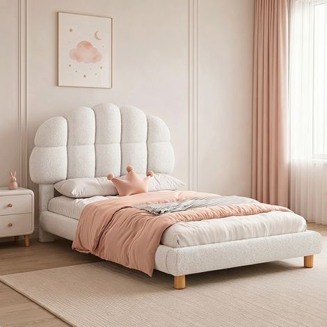 Letto per bambini 90 × 200 cm, letto imbottito con rete a doghe in legno e testiera a forma di nuvola in peluche, rivestimento in tessuto bouclé, bianco (1/5)