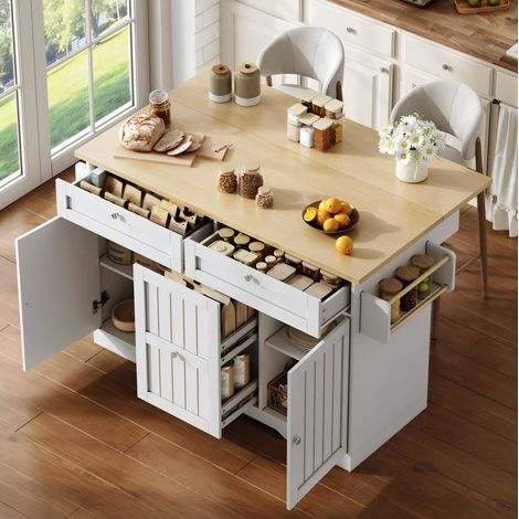 Isla de cocina móvil con tablero abatible, 2 cajones verticales, MDF, natural y blanco (1/5)