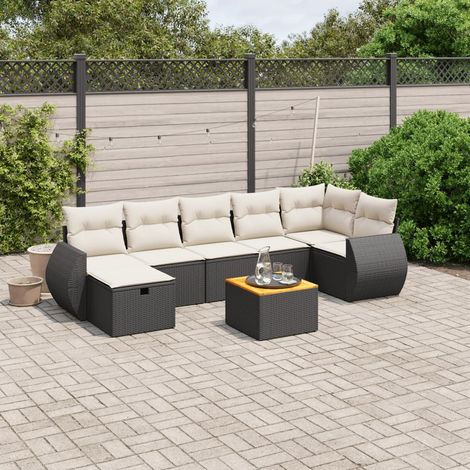 Ensemble de jardin 8 places en résine tressée noire avec coussins crème - Salon extérieur modulaire avec table en acacia (1/4)