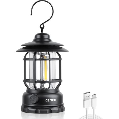 Lanterne de camping rechargeable, lampe de camping rétro en métal, lampe de tente suspendue à intensité variable pour le camping, les urgences, la pêche, la randonnée(noir) (1/5)