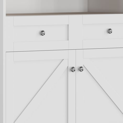 Un meuble de cuisine blanc et élégant, doté de 2 tiroirs et 4 portes. Un buffet parfait pour la cuisine, le salon ou la salle à manger. Les poignées sont en argent, et l’espace de rangement est génére