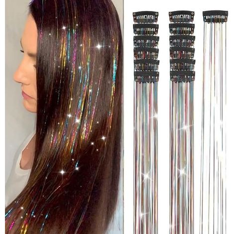 Paillettes pour cheveux (12 pièces) - Accessoires pour cheveux arc-en-ciel à clipser - Kit de paillettes féeriques de 52 cm pour femmes, filles et enfants - Extensions pailletées pour Noël et Hallowee (1/5)