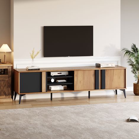 Meuble TV 180 cm avec 3 Portes et 4 Niches et Passe-câbles, Style Rustique, en Panneaux, Marron et Noir (1/5)