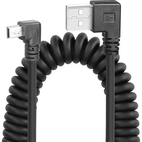 Câble mini USB en spirale 90 degrés, USB type A vers mini B mâle Données Sync & Charge Câble en spirale pour imprimante Caméras Souris Téléphone portable (Deux fois à gauche) (1/5)