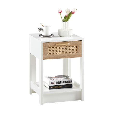 Table d'appoint à tiroirs en rotin — Table de chevet minimaliste moderne — Table d'appoint multifonction pour salon et chambre — Blanc