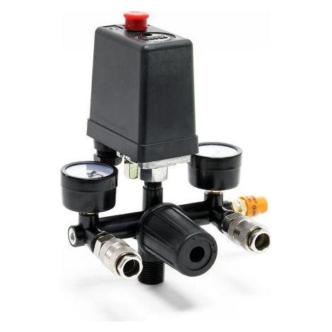 Pressure regulator 165 x 130 x 200 mm with pressure switch for compressor with 2 gauges, 2 connections and safety valve, pressure reducer (1/5)