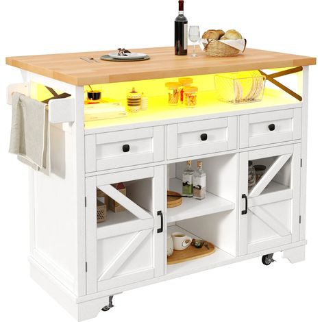 Multifunktionaler Küchenwagen mit App LED und Klapptisch Mobile Kücheninsel, Bar, Sideboard mit Stauraum Servierwagen Rollbar mit drei Schubladen und zwei Schranktüren