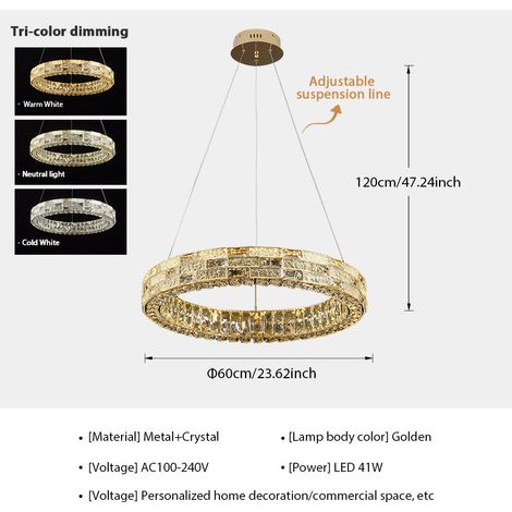 Moderne LED Kristall Hängeleuchte Rund Ø60cm, 3-Farb-Dimmung, Goldene Ring Pendelleuchte, Höhenverstellbar, Luxus Deckenlampe