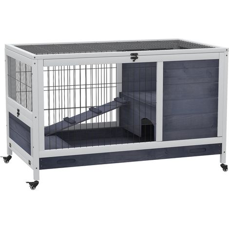 Cage à Lapin en Bois de Sapin Clapier Mobile pour Cobaye avec 4 Roues Toit Ouvrant et Bac Amovible 90x53x59 cm Gris Blanc (1/5)