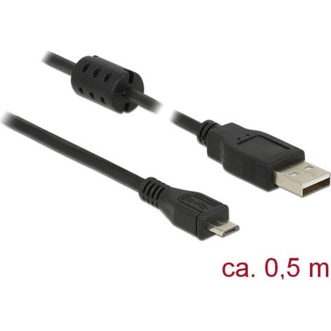 Delock Câble USB USB 2.0 USB-A mâle, USB-Micro-B mâle 0.50 m noir avec noyau en ferrite 84900