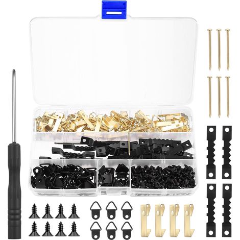 351 Pièces Accroche Tableau Mural, Attache Cadre, Crochet Tableaux, Fixation Tableaux pour Cadres Photos Miroirs, avec Crochets en Dents de Scie, Clous et Outils - (1/5)