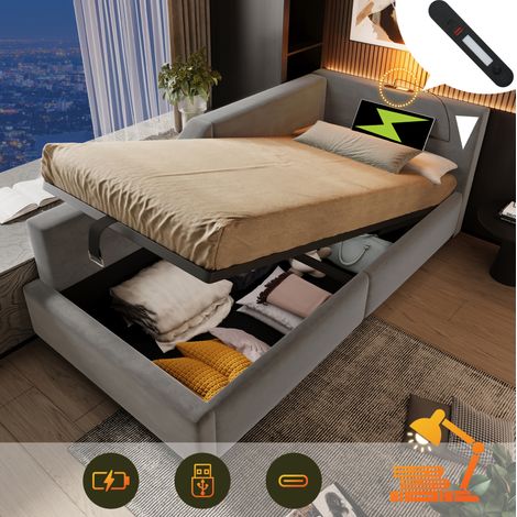Sofá cama tapizado 90/190 cm gris de terciopelo con almacenaje hidráulico, luz de lectura y USB-C (1/5)