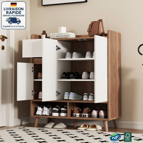 Meuble à chaussures d'entrée avec 1 tiroir, étagère réglable, aggloméré, blanc + naturel, 90x35x99 cm 3 portes (1/5)