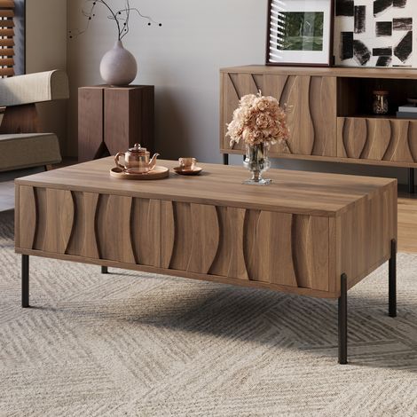 Ensemble de meubles de salon Meuble TV et Table basse design ondulé rangements structure MDF Couleur naturelle (1/5)