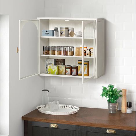 Wandschrank 60x70x23 cm Weiß aus Metall und Sicherheitsglas mit 2 Türen und 3 Ebenen (1/5)