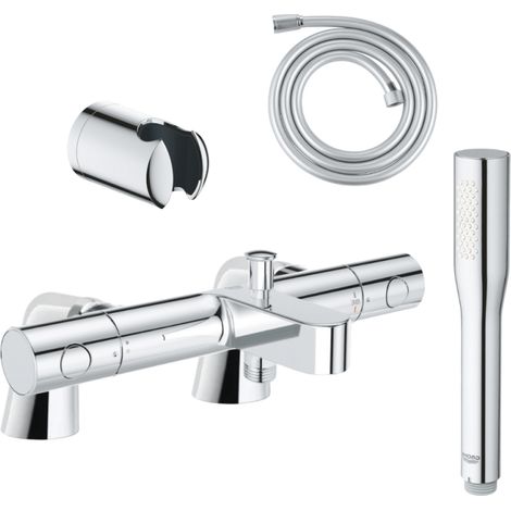 Pack mitigeur thermostatique GROHE Get avec colonnettes + Douchette 1 jet Vitalio Get Stick + Flexible 1750 mm et support
