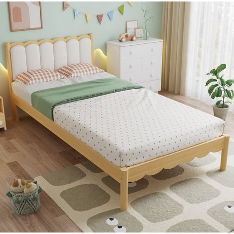 Cama infantil tapizada 96.5x206.5x80 cm, cabecero de PU acolchado, somier de madera maciza, beige y natural (1/5)