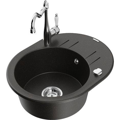 Mexen Kevin fregadero de granito de 1 seno con escurridor y grifo de cocina Carla, negro/dorado metálico - 6517-75-670700-00 (1/5)