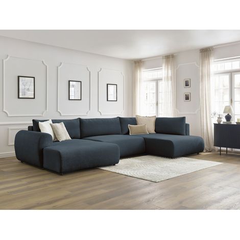 BOBOCHIC - Canapé panoramique convertible coffre LUCIEN tissu lisse Angle gauche  Bleu foncé (1/5)