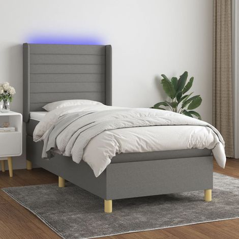 Cama box spring colchón y luces LED tela gris oscuro 90x190 cm (1/5)