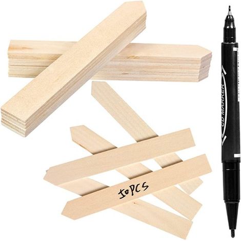 Etichette per piante in legno naturale, 50 pezzi, con pennarello impermeabile in omaggio, da fissare con una punta per giardino, erbe aromatiche, fiori, piantine e piante in vaso. (1/5)