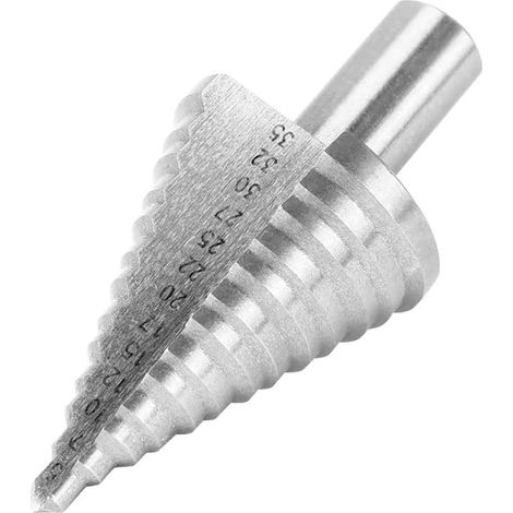 Foret étagé, HSS 5-35 mm, blanc argenté, à spires hélicoïdales, queue hexagonale, à double fente conique, idéal pour le bricolage, le bois, le métal, l'aluminium et le cuivre. (1/5)