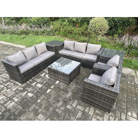 Fimous 8 Seater Rattan Garden Furniture Sofa Set with 2 Armchairs Square Coffee Table 2 Side Tables Indoor Side Table Outdoor Rattan Set Dark Grey Mixed (1/4)