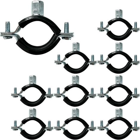 Lot de 10 colliers de serrage pour tuyaux 32 mm, plage 31–36 mm, métal galvanisé avec garniture en caoutchouc, filetage M8/M10, vis M6, pour plomberie, chauffage et tubes PPR (1/5)