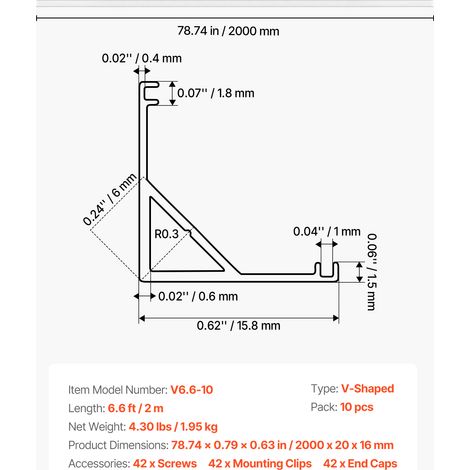 VEVOR 10-Pack 6.6 ft/2M V Shape LED Aluminum Channel, with Milky Cover, End Caps and Mounting Clips, Aluminum Profile for LED Strip Light Installations, Easy Installation, for Under Cabinet Counter (1/4)