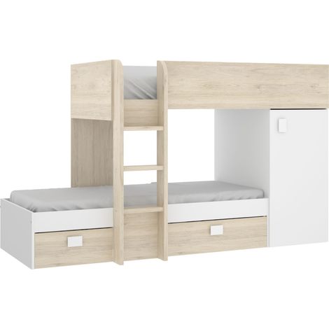Cama Tren con Armario y cajones Blanco / Natural 150x195-255x112-199 cm - MOVE (1/5)