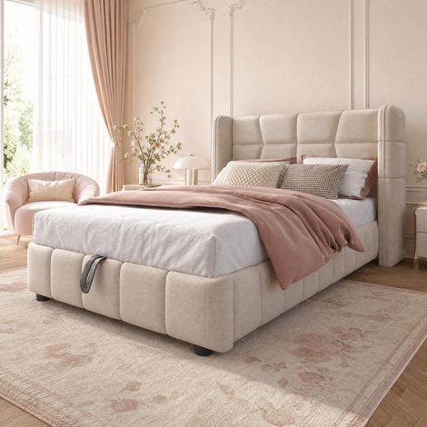 Cama con almacenaje infantil 90x200 con cabecero y somier de láminas, beige OKMYHOME (1/5)