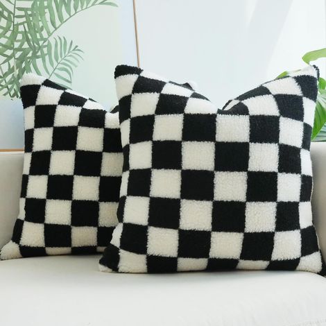 Fundas de cojín decorativas de lujo con estampado a cuadros, cojines ultrasuaves de piel sintética y lana para sofá y dormitorio, juego de 2 (negro 45 x 45 cm) (1/5)