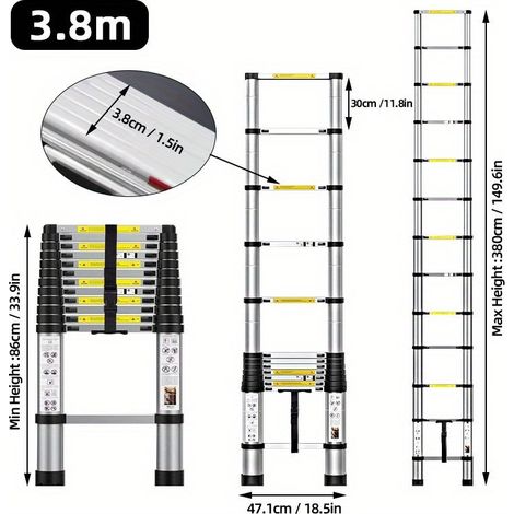 Échelle Télescopique Inox – Pliable, Antidérapante. Verrou Sécurité. Modèle (3.8m). (1/5)