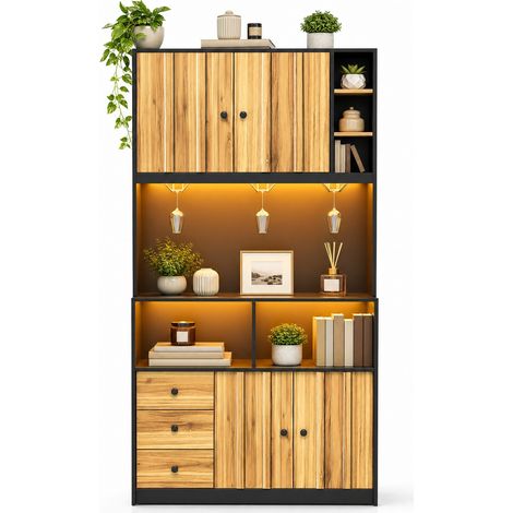 Colonne de Cuisine avec Vitrine, 3 Porte-Verres, LED et Prises, en MDF, Noir et Naturel, 100 x 40 x 180 cm (1/5)