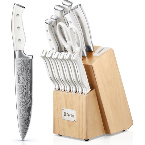 Kitchen Knife, 14 Piece Knife Block with Built-in Sharpener, Beige Wood Block, Scissor Knives, Stainless Steel, White Handle (1/5)