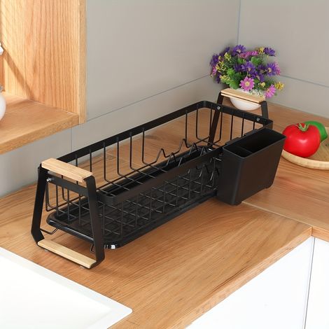 Arbeitsplatten-Geschirrabtropfer – Trockengestell mit Abtropfschale und herausnehmbarem Besteckkorb, Schmales Design für Küchenspüle Schwarz (1/5)