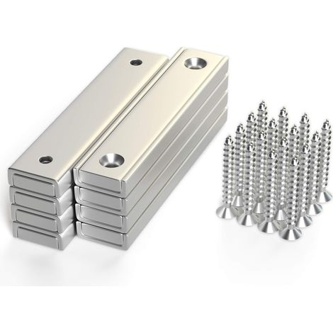 Aimants en pot rectangulaires en néodyme 30kg Force de traction Lot de 8 avec trou fraisé, vis de montage, aimants solides en terre rare de qualité industrielle pour la maison (1/5)