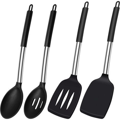 Espátula de silicona, cuchara de silicona resistente al calor, espátula de cocina, juego de cucharas ranuradas para cocinar, utensilios de cocina sin BPA, utensilios de cocina negros, lavables (1/5)
