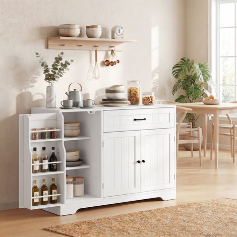 Buffet de cuisine moderne avec tiroir, étagères réglables, petit garde-manger avec compartiments à portes, blanc
