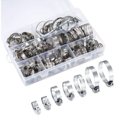 Collier de Serrage Réglables, Tuyau Clips, Colliers de Serrage en Acier Inoxydable, Pinces de Tuyau pour Tube A'automobiles, Piscine, 81 Pièces/8-44 mm (1/5)