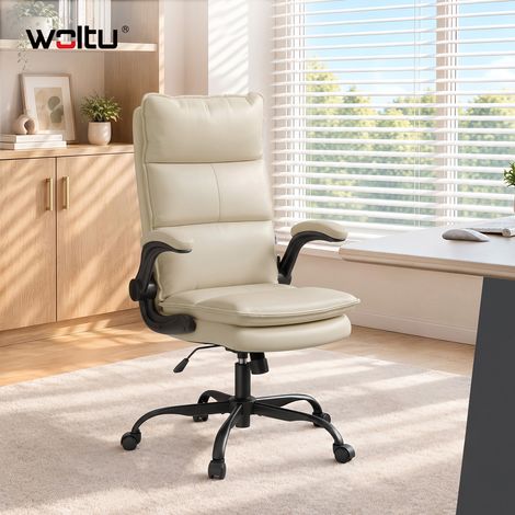 WOLTU Bürostuhl ergonomisch, Chefsessel mit hochklappbare Armlehnen, hohe Rückenlehne, katzenkratzfest, Drehstuhl mit Wippfunktion und doppellagige Polsterung, Beige (1/5)