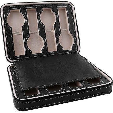 Boîte de rangement de montres en cuir PU noir, 8 compartiments, 1 pièce (1/5)