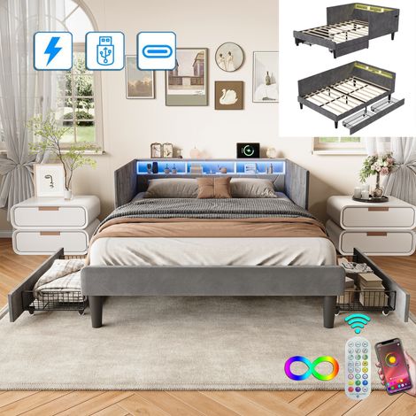 Cama individual 140x200 cm con 2 cajones, cabecero LED y almacenaje, puertos de carga USB y Tipo C, somier de láminas, tela de terciopelo, cama infantil - Gris